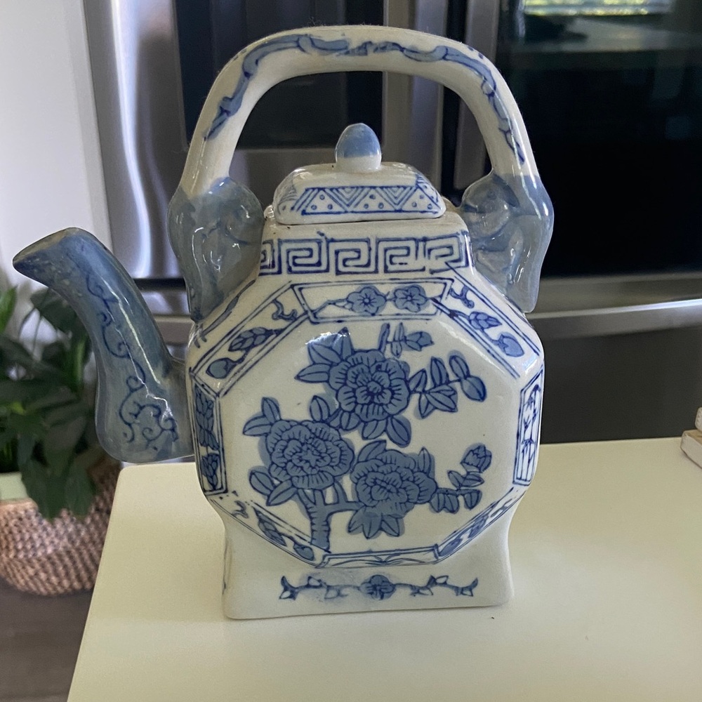Vintage Chinese Blue and White Floral Ceramic Teapot